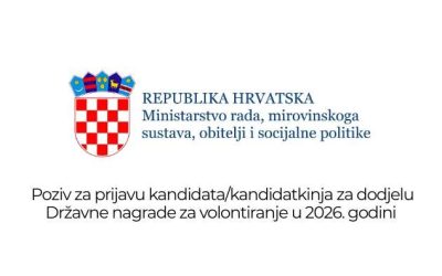 Poziv za prijavu kandidata/kandidatkinja za dodjelu Državne nagrade za volontiranje u 2026. godini